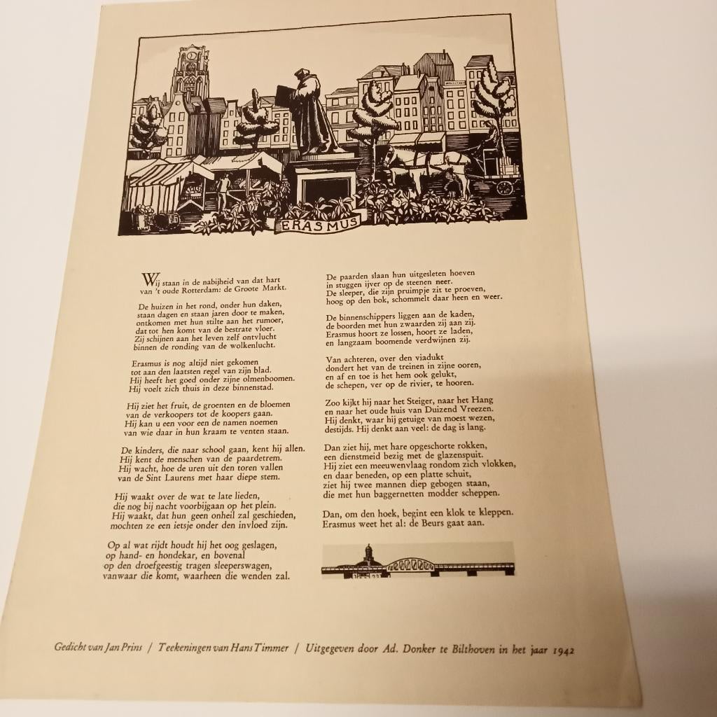 Rijmprent Erasmus gedicht Jan Prins Tekening Hans Timmer 194, Antiek en Kunst, Origineel, Stadsgezicht, Ophalen of Verzenden, 1900 - 1949