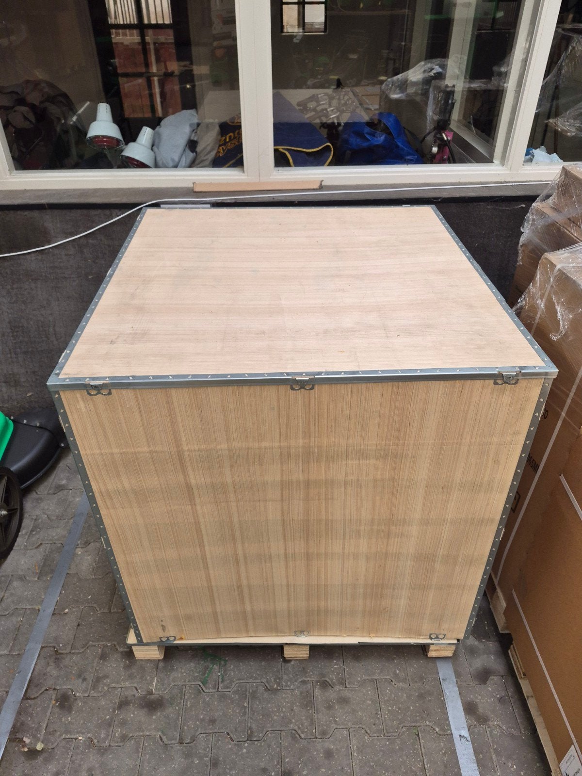 Houten transportkist met metalen randen, Doe-het-zelf en Verbouw, Kratten en Dozen, Ophalen, 100 cm of meer, 60 cm of meer, Bak of Kist