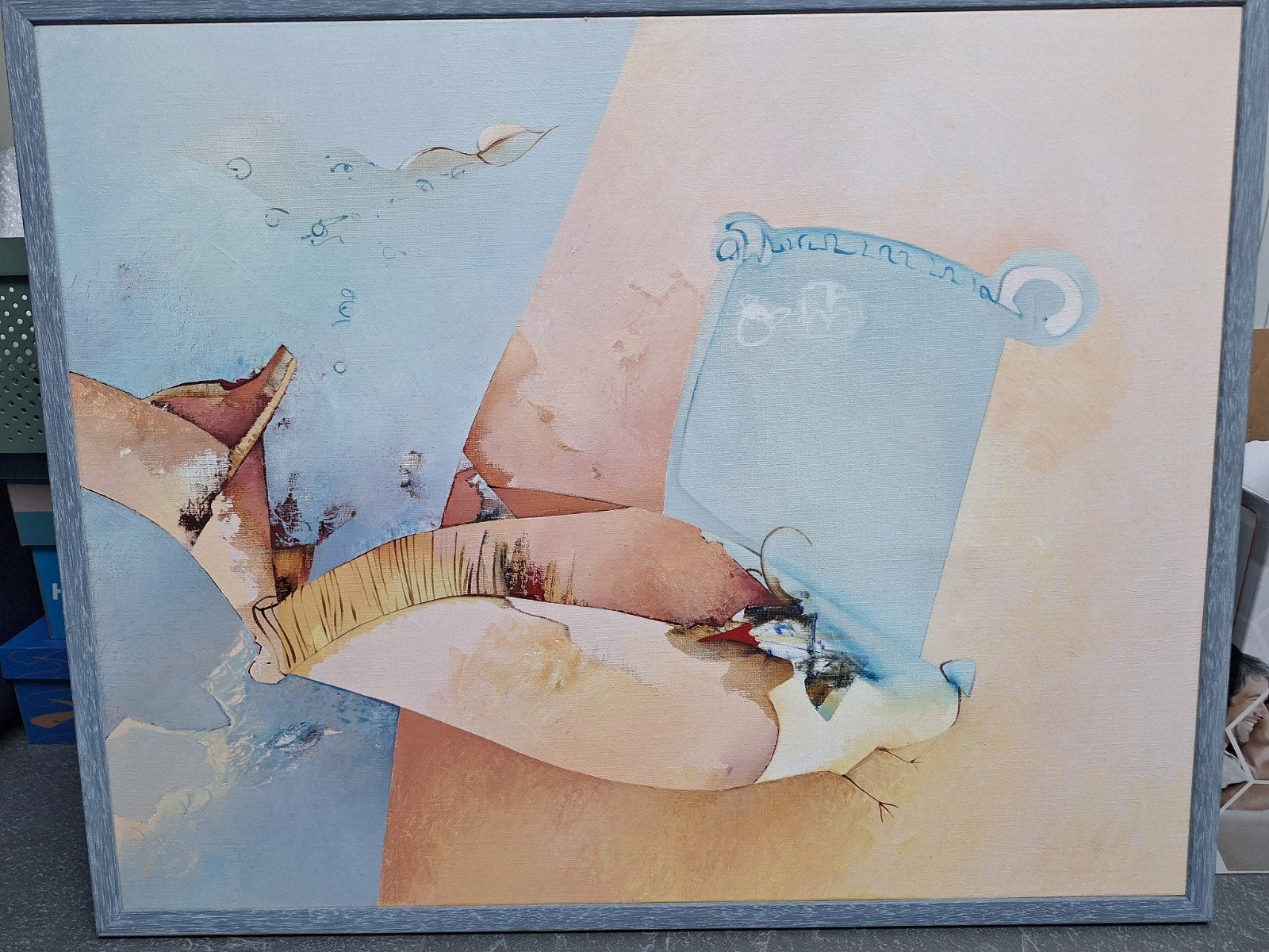Marij Nielen schilderij vis-vogel-spiegel, Ophalen of Verzenden, Gesigneerd, Acrylverf, Abstract