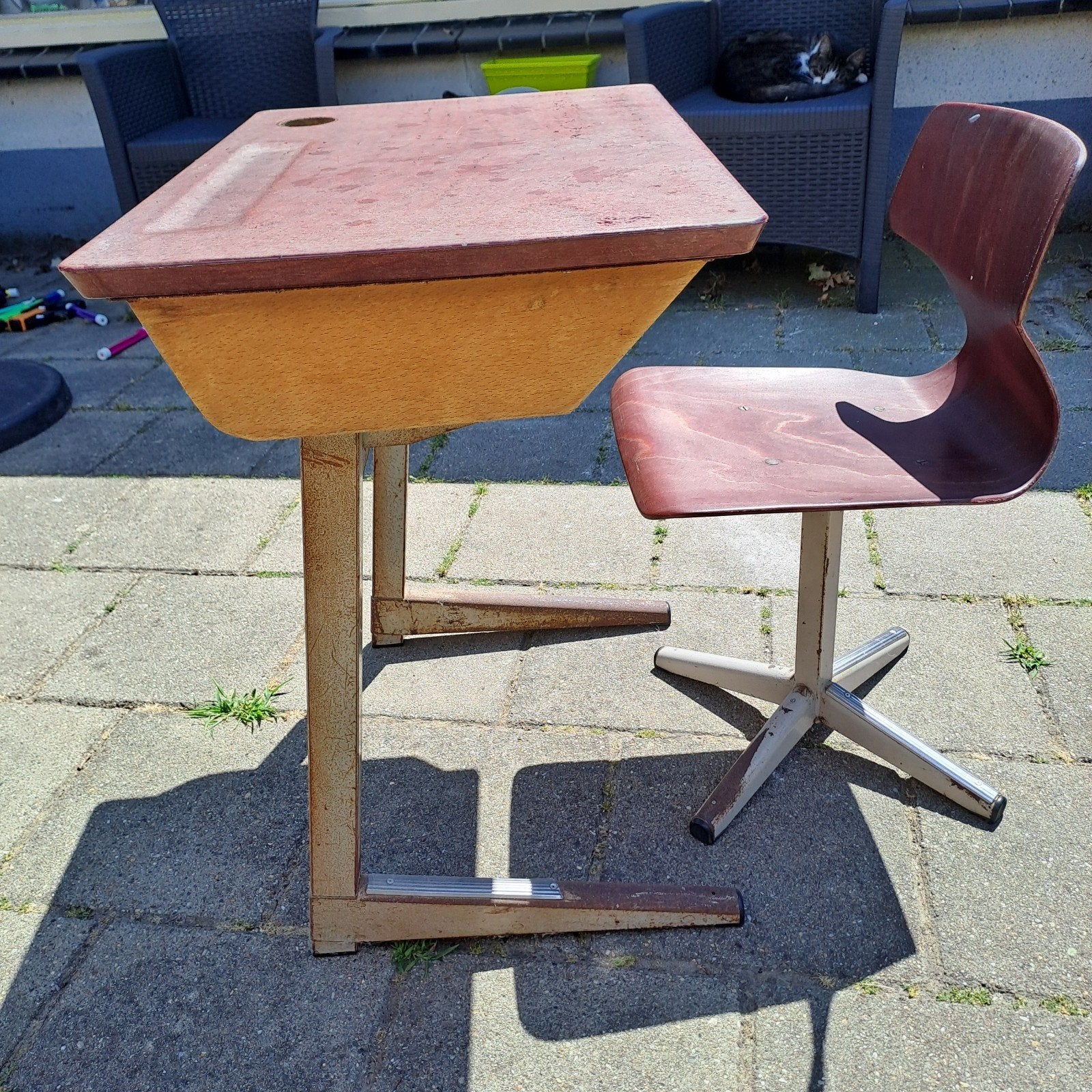Vintage Schoolbureau met Stoel - Klassiek Houten Set, Ophalen, Opbergruimte, Gebruikt, 60 cm