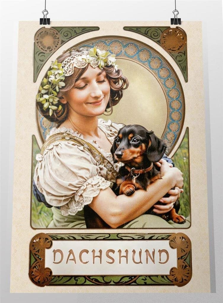 Teckel Dachshund Poste Art Nouveau Stijl Honden Kunst, Verzenden, Nieuw, A1 t/m A3, Film en Tv