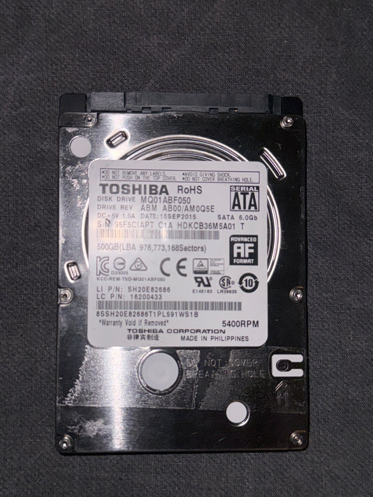 Toshiba MQ01ABF050 500GB SATA HDD 2.5 inch, Intern, Gebruikt, Ophalen of Verzenden, Laptop