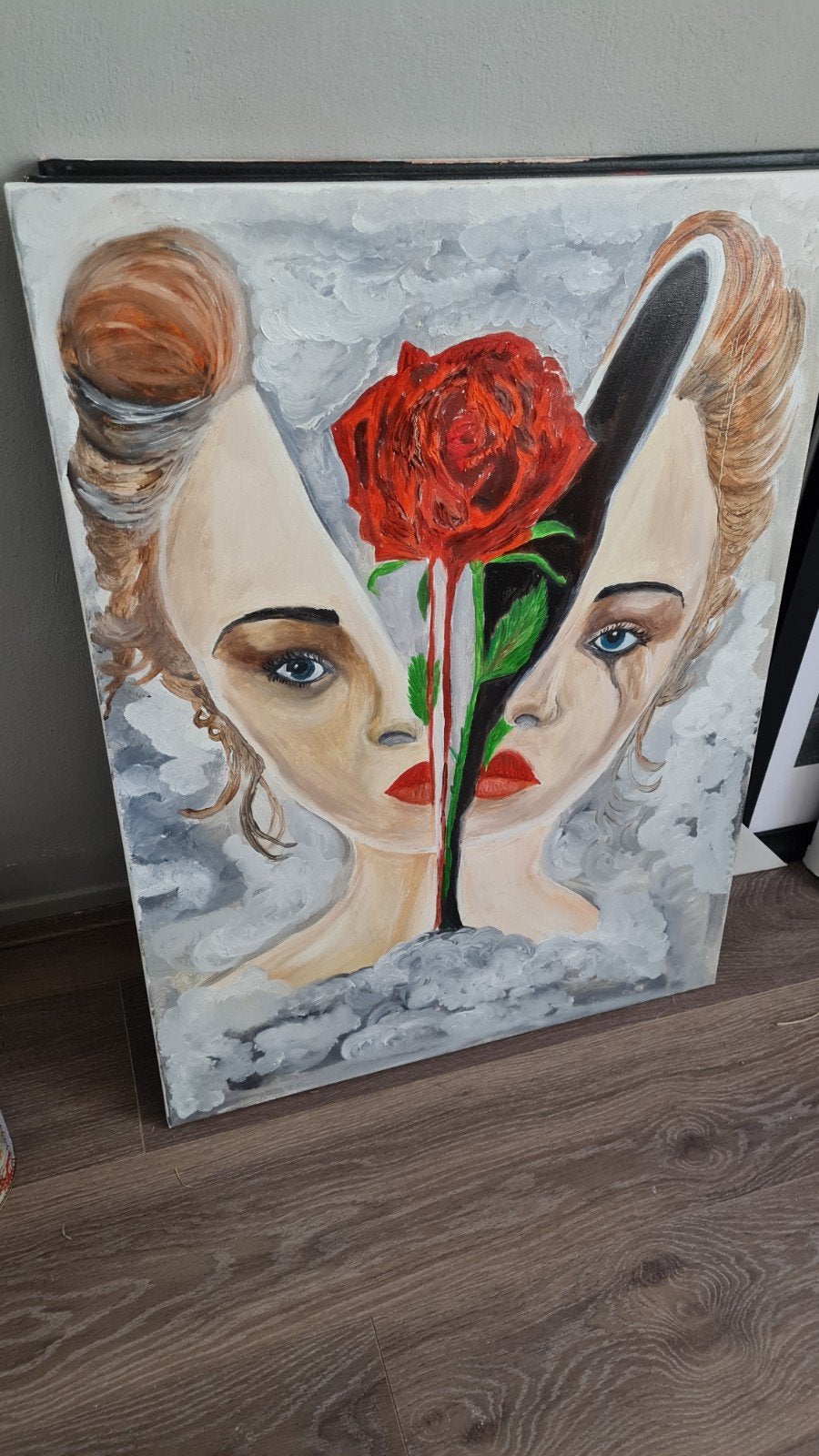 Acrylverf schilderij op canvas 50x70 cm - Vrouw met roos, Ophalen, Acrylverf, Doek, Portret of Personen
