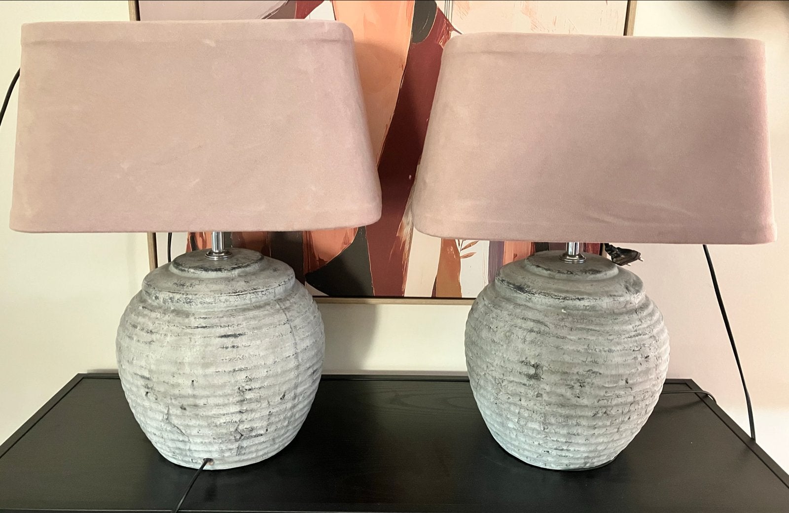 Set van 2 Tafellampen met Stenen Voet en Roze Kap, Huis en Inrichting, Ophalen, Gebruikt, Sfeerlamp, Met kap