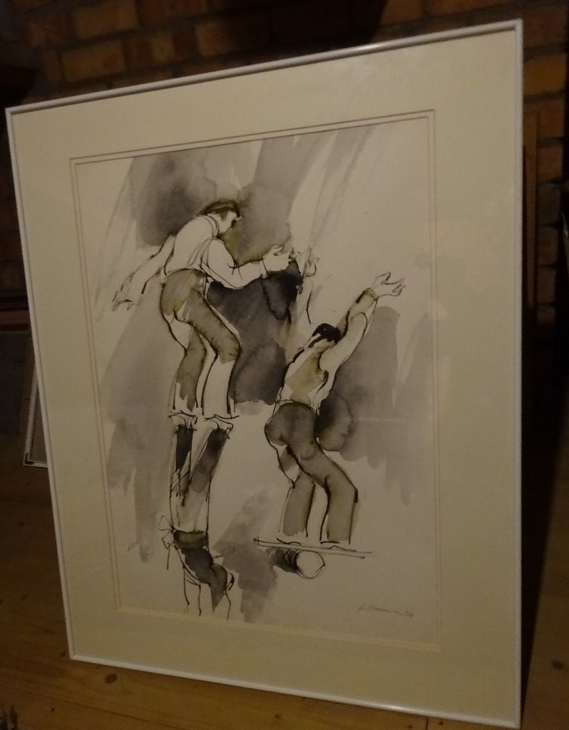Naar de sportschool Schilderij in Zwart-Wit met Sportievelin, Aquarel, Overig onderwerp, Ophalen of Verzenden, Overige materialen