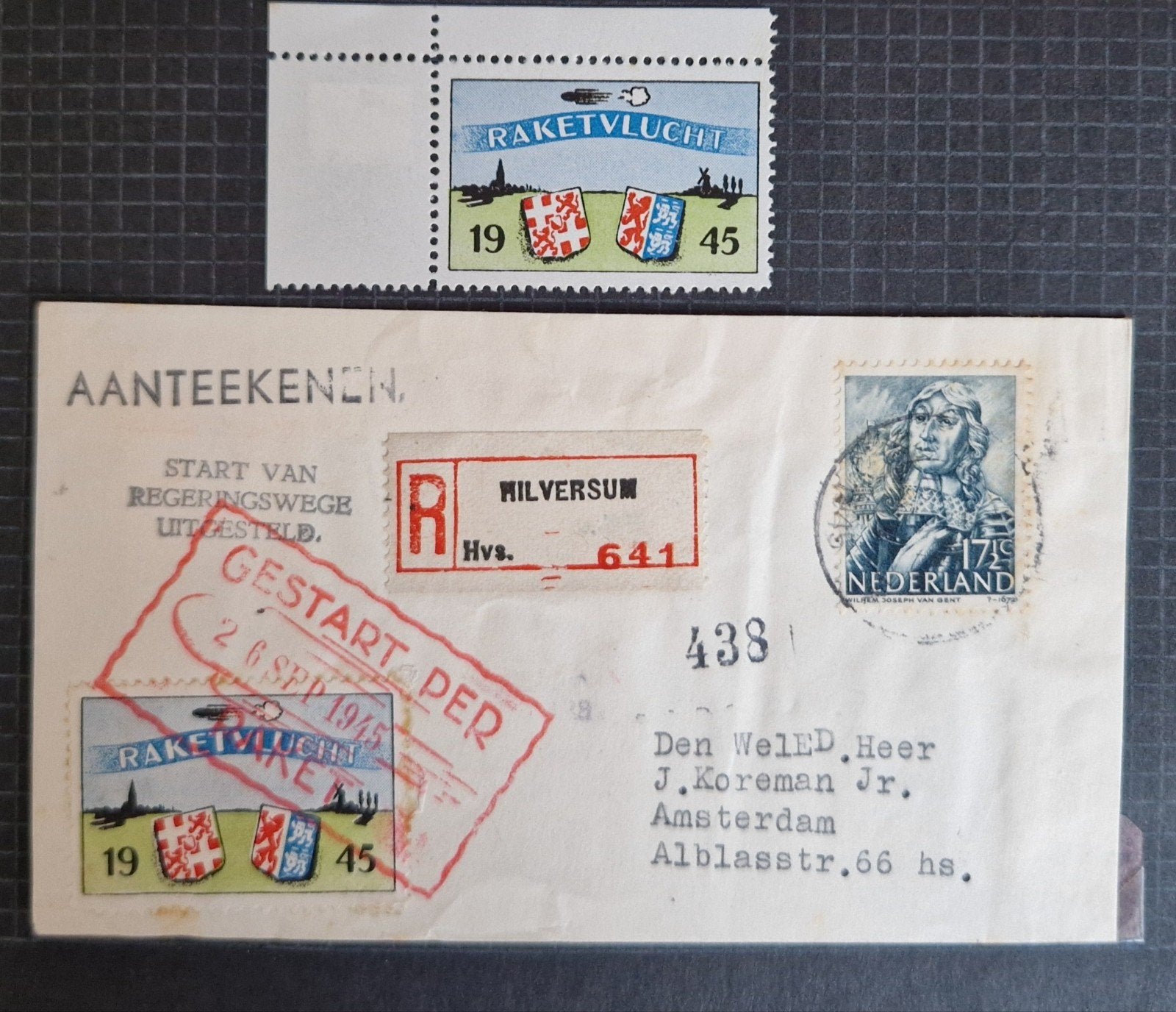 Zeldzame Raketpost Hilversum (26 sept 1945) – Aangetekend, Ophalen of Verzenden, Envelop