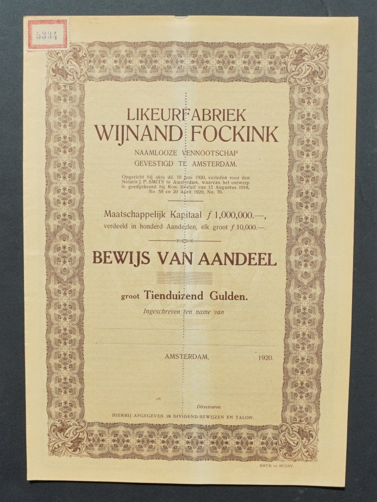 Likeurfabriek Wijnand Fockink - 1920 - SPECIMEN, Verzenden, 1920 tot 1950, Aandeel
