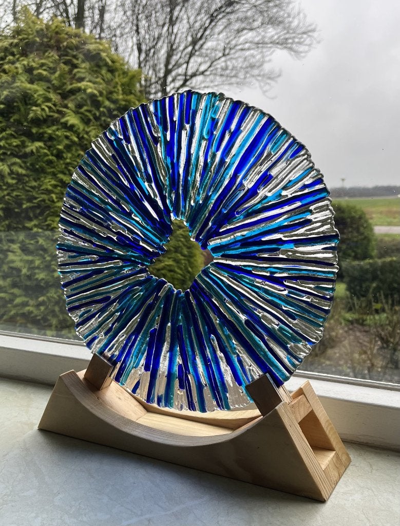 Glasobject cirkel glasfusing  glas staander blauw vaderdag, Blauw, Overige stijlen, Nieuw, Ophalen of Verzenden
