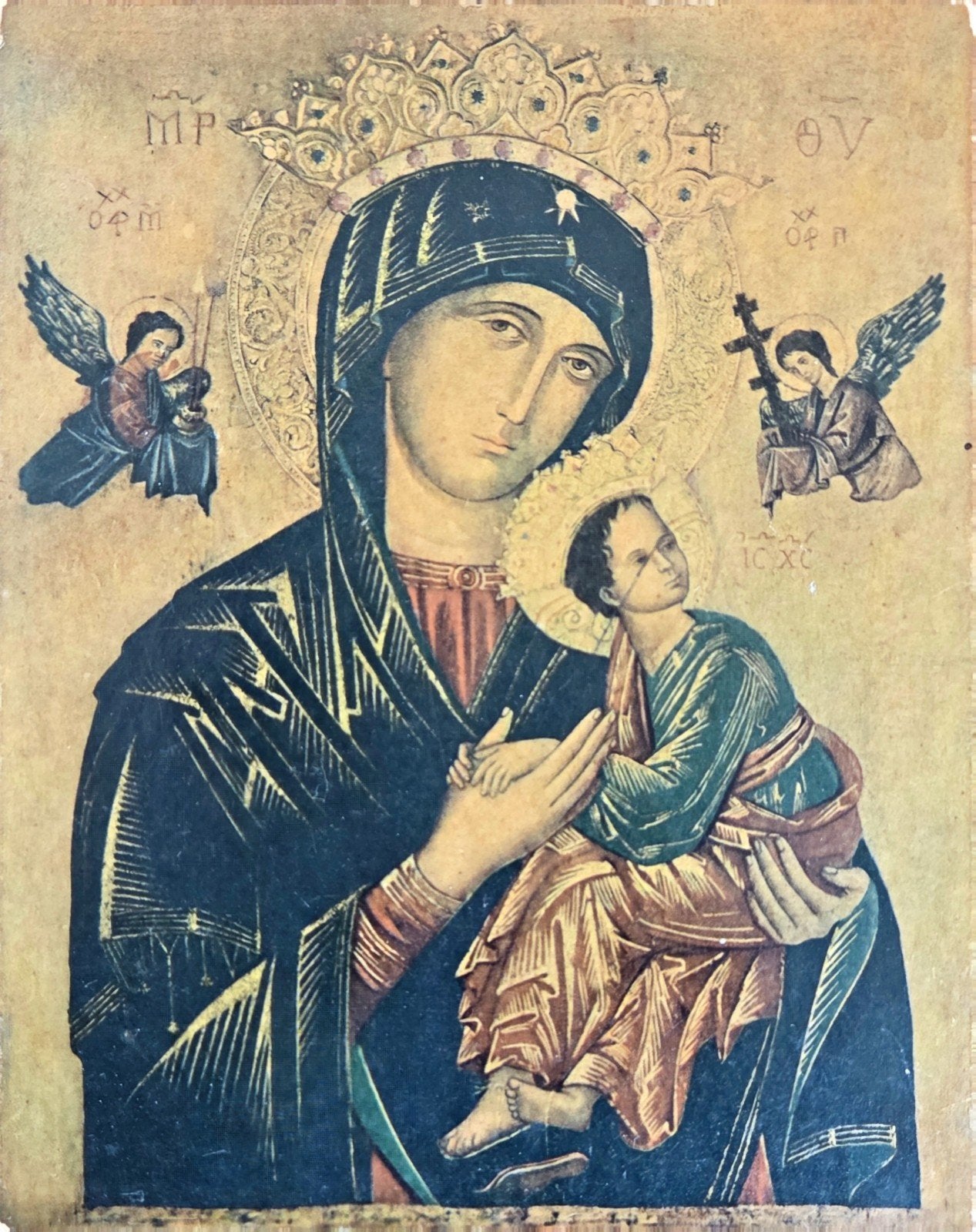 Antiek Russische Icoon Moeder Gods met Kind, Ophalen of Verzenden