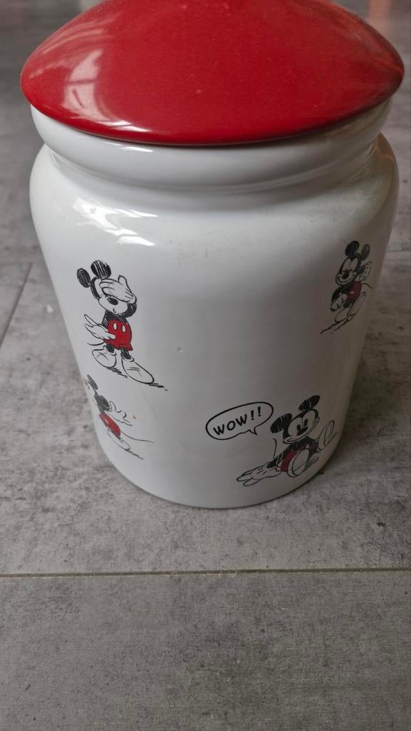 Mickey Mouse voorraadpot met rood deksel, Gebruikt, Overige stijlen, Ophalen of Verzenden, Wit