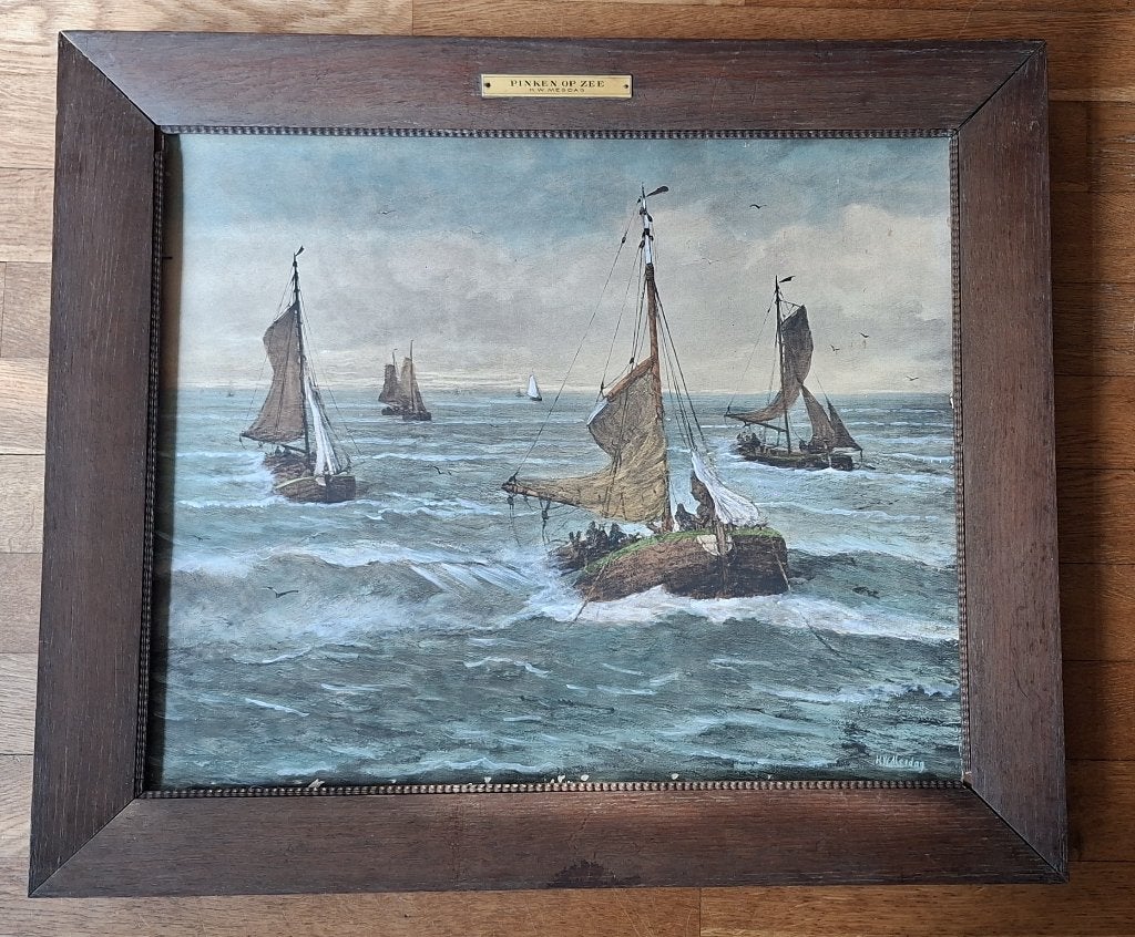 schilderij Pinken op Zee van H.W. Mesdag, print incl lijst, Antiek en Kunst, Ophalen, Maritiem / water, Oud hollands, Print