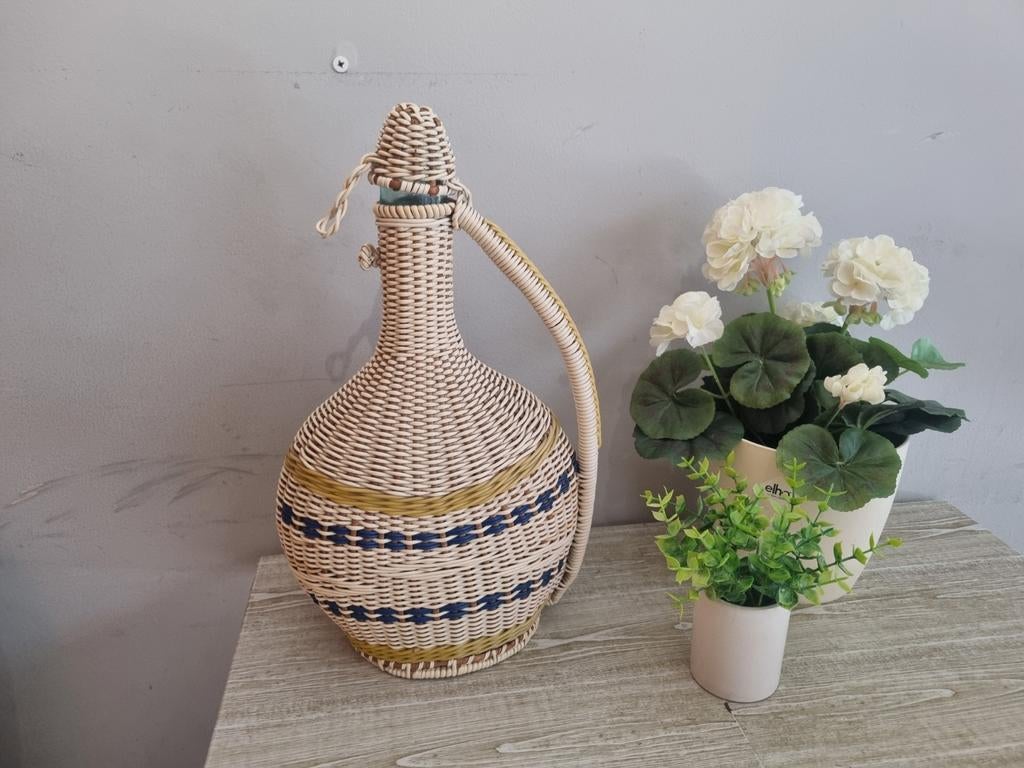 Vintage geweven rieten fles, Ophalen of Verzenden, Rechthoekig, Riet