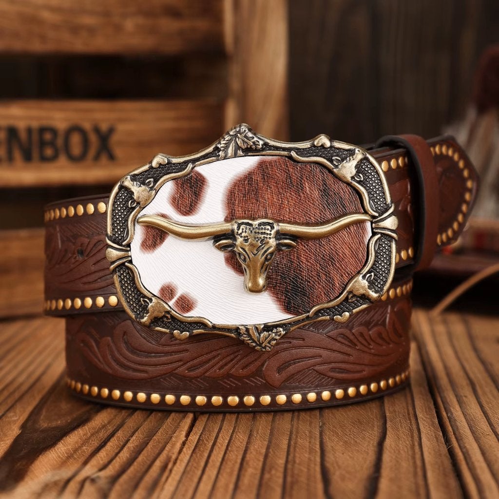 Bruine kunstleren western riem met stierenkop, Bruin, Verzenden, Nieuw, 115 cm of meer