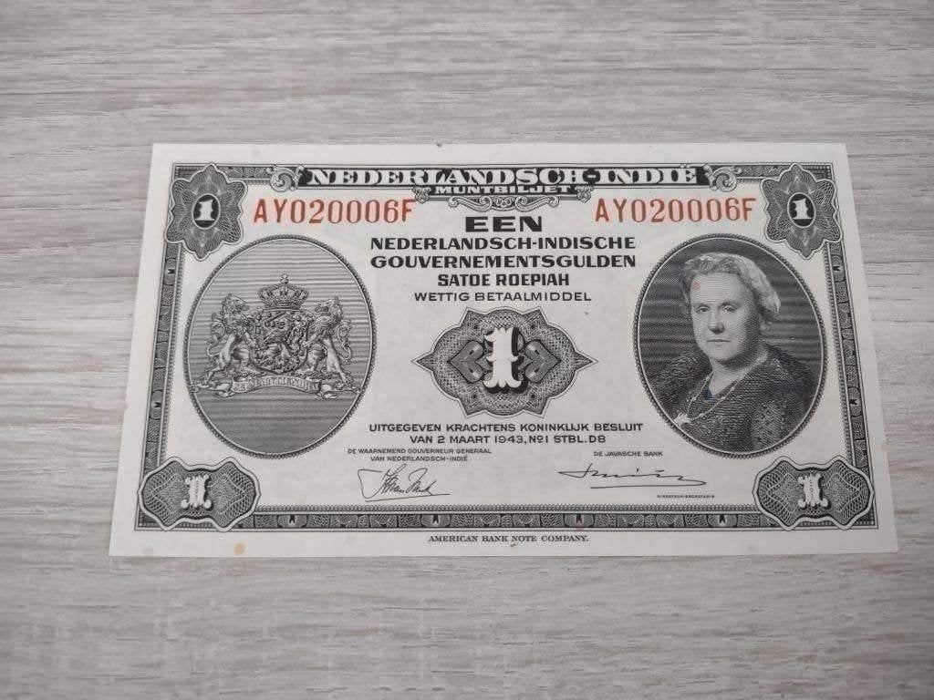 Bijna UNC biljet 1 gulden Nederlands-Indië, muntbiljet 1943, Ophalen of Verzenden, 1 gulden