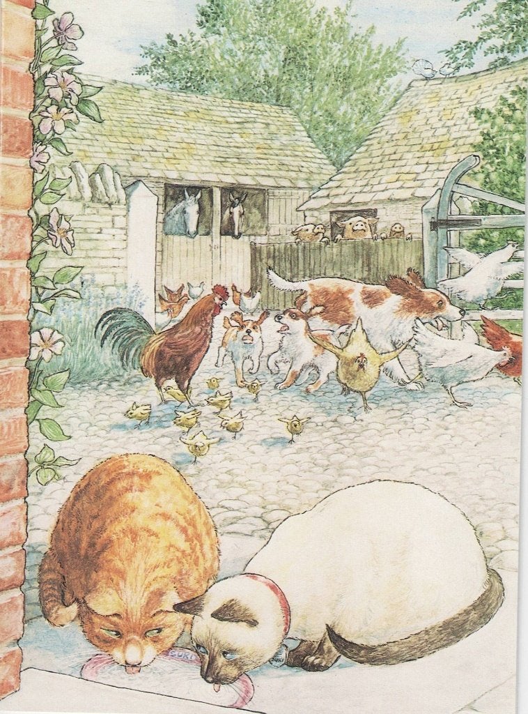 Katten, hond, haan en kippen met kuikens 2paarden 96, Verzenden, 1980 tot heden, Gelopen, Hond of Kat
