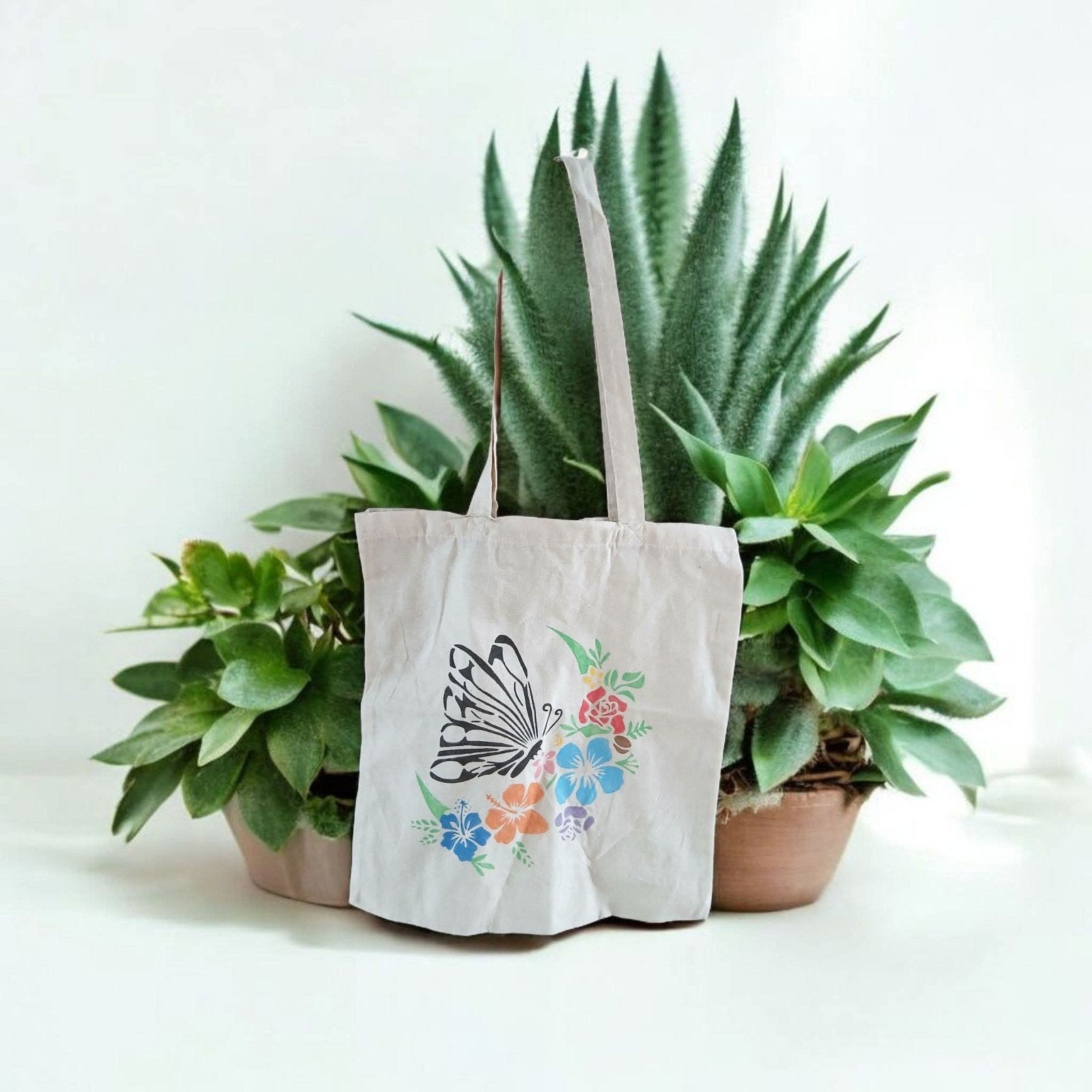 Stoffen tas met vlinder en bloemen print, Ophalen, Nieuw, Beige, Shopper