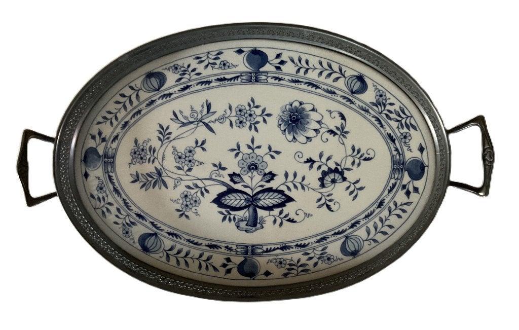 Ovaal Delfts blauw porseleinen dienblad, Antiek en Kunst, Ophalen of Verzenden
