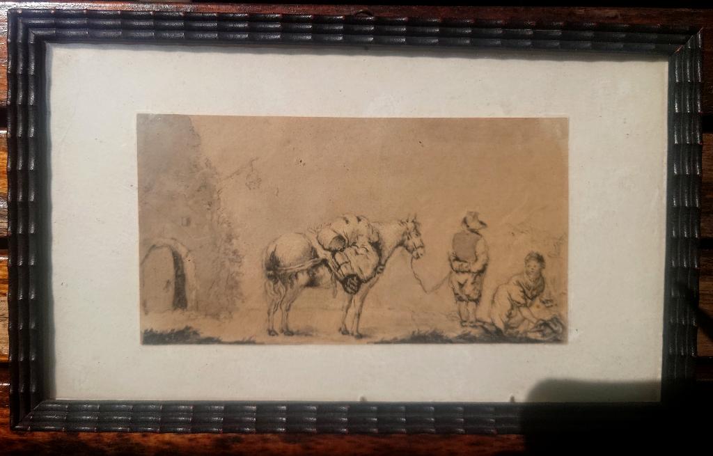 Sepia tekening uit 1841 , boer en wasvrouw bij een ruine, Antiek en Kunst, Ophalen of Verzenden