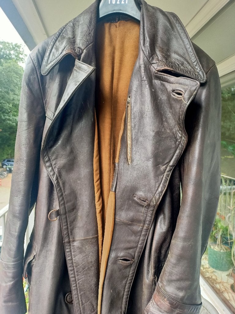 Vintage Zwaar Lederen lange Motorjas, Motoren, Ophalen of Verzenden, Tweedehands, Heren, Jas | leer