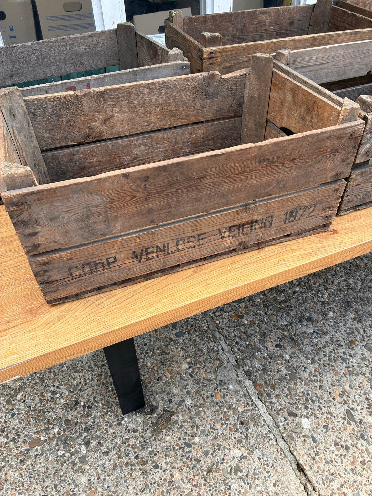 10 stuks Vintage houten kisten 'Coop Venlose Veiling 1972', Ophalen, Gebruikt, 50 tot 75 cm, Minder dan 35 cm