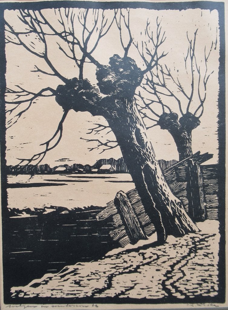 Ed Jeska (1899-1977): Wilgen in winterzon, 1926, houtsnede, Antiek en Kunst, Ophalen of Verzenden, Gesigneerd, Houtsnede, Landschap