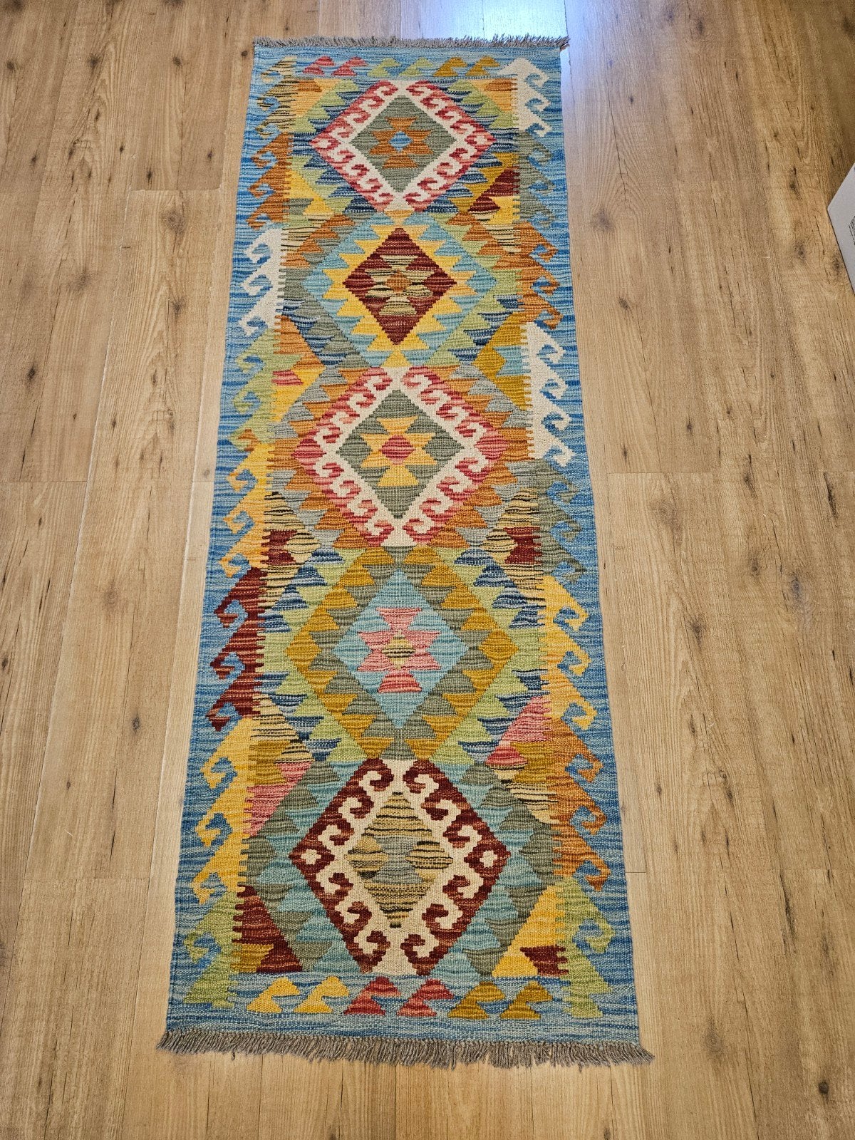 Handgeweven oosterse wollen kelim loper 201x69