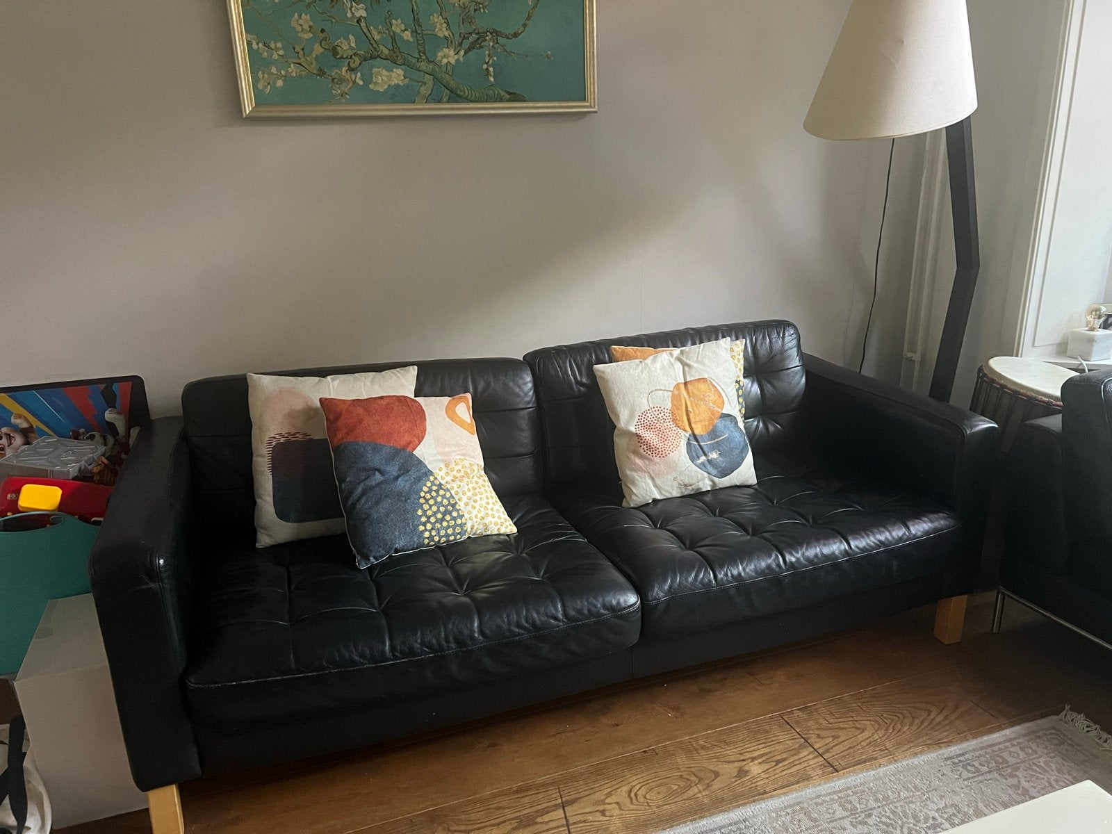 Zwarte leren 3-zitsbank, Ophalen, Gebruikt, Minder dan 75 cm, 150 tot 200 cm