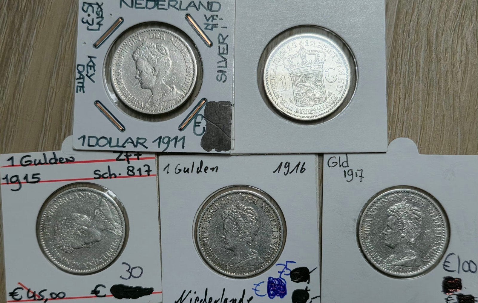 5x 1 gulden Wilhelmina Nederland, 1 gulden, Zilver, Koningin Wilhelmina, Verzenden