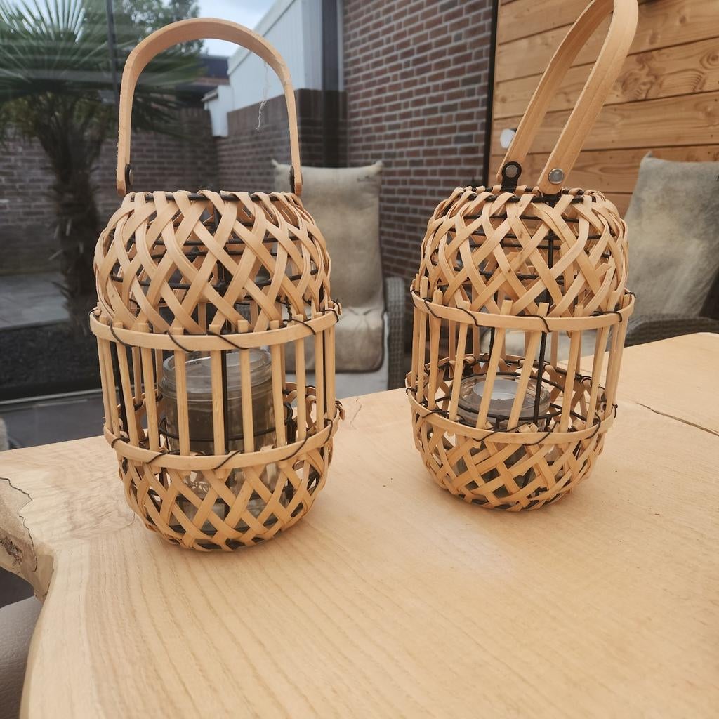 Set van 2 bamboe lantaarns, Ophalen of Verzenden, Natuurlijk materiaal, Bruin, Landelijk