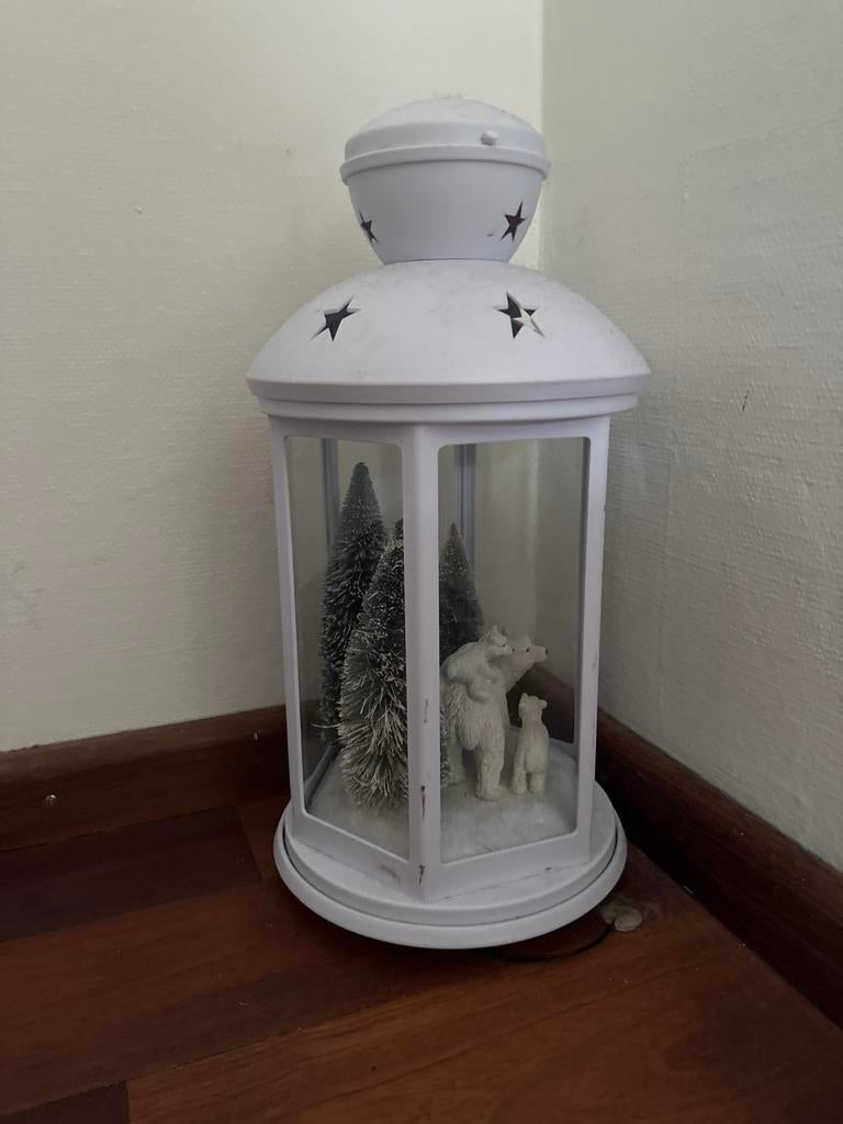 Witte decoratieve lantaarn met ijsberen en boompjes, Ophalen of Verzenden, Gebruikt
