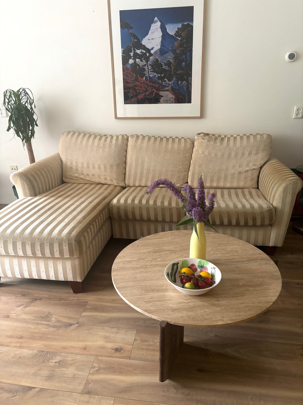 Hoekbank met Chaise Longue - Beige Gestreept, Huis en Inrichting, Banken | Bankstellen, Ophalen, Gebruikt, Hoekbank, Driepersoons