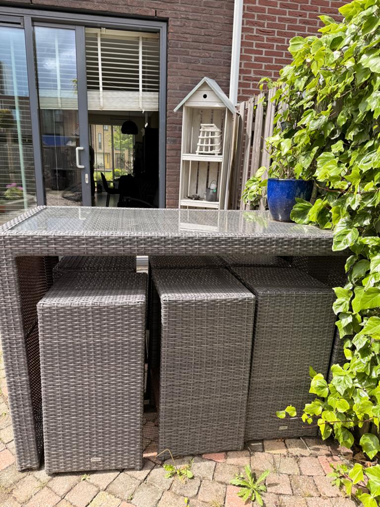 Wicker tuinset bartafel 6 persoons, Ophalen, Gebruikt, Rechthoekig, Wicker