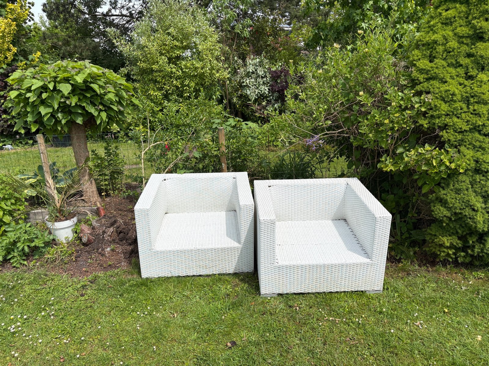 Witte Wicker Lounge stoelen fauteuils met Salontafel, Gebruikt, Loungeset, Wicker, Stoel
