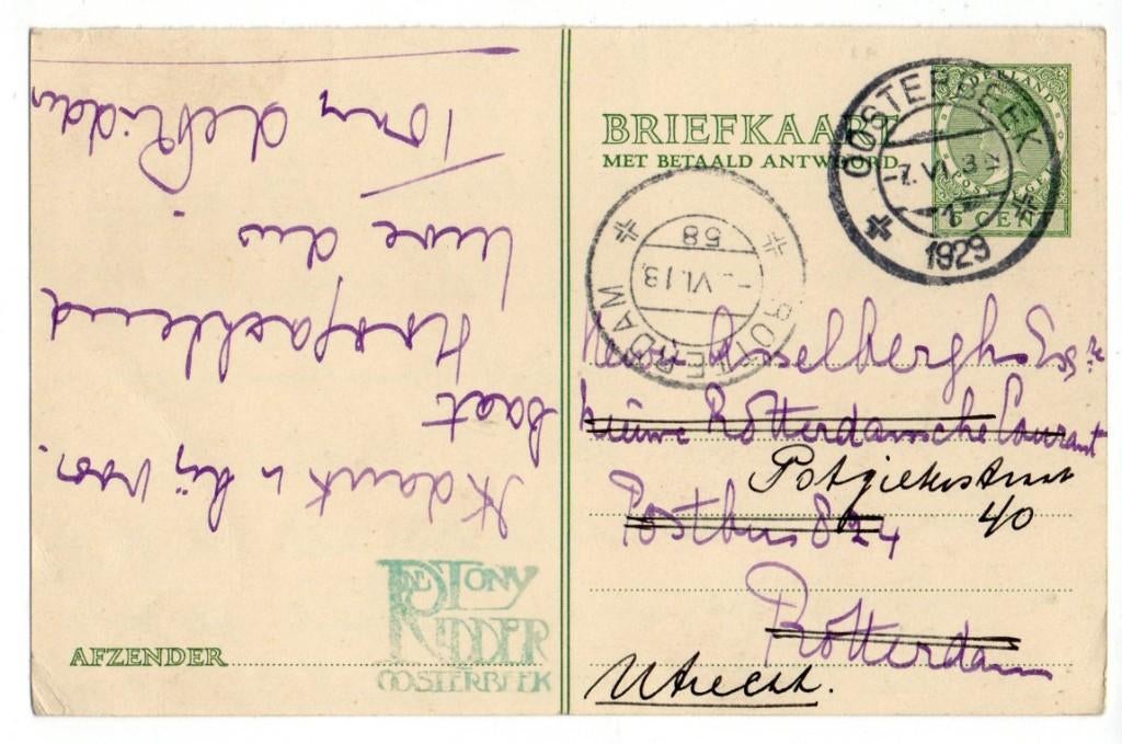 TW141 Oosterbeek 1929 briefkrt. Asselberghs Utrecht T.Ridder, Verzenden, 1920 tot 1940, Gelopen, Politiek en Historie