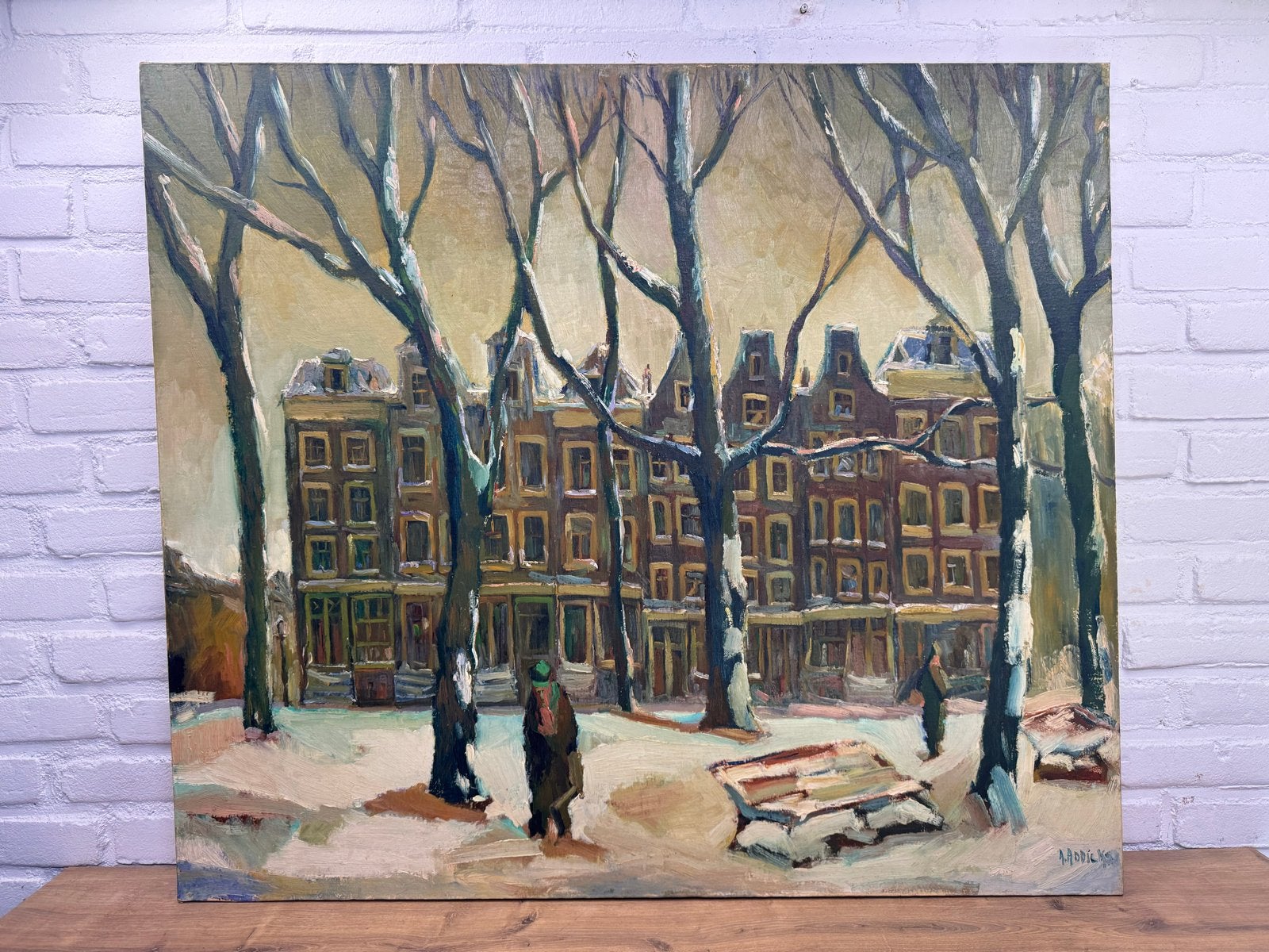 Groot schilderij Winters Amsterdam door A. Addicks (91,5x80c, Antiek en Kunst, Doek, Impressionistisch, Ophalen of Verzenden, Gesigneerd