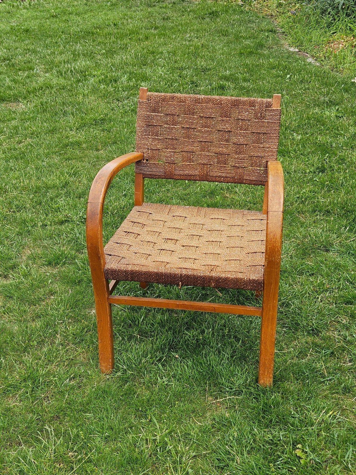 Vintage fauteuil met gevlochten zitting en rug, Ophalen, Gebruikt, Vintage, 70s, Overige materialen