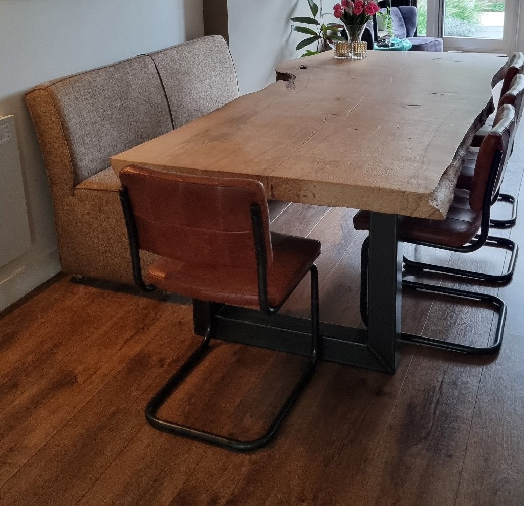 Boomstamtafel met bank stof en 4 stoelen leder, Ophalen, Gebruikt, 100 tot 150 cm, Overige materialen