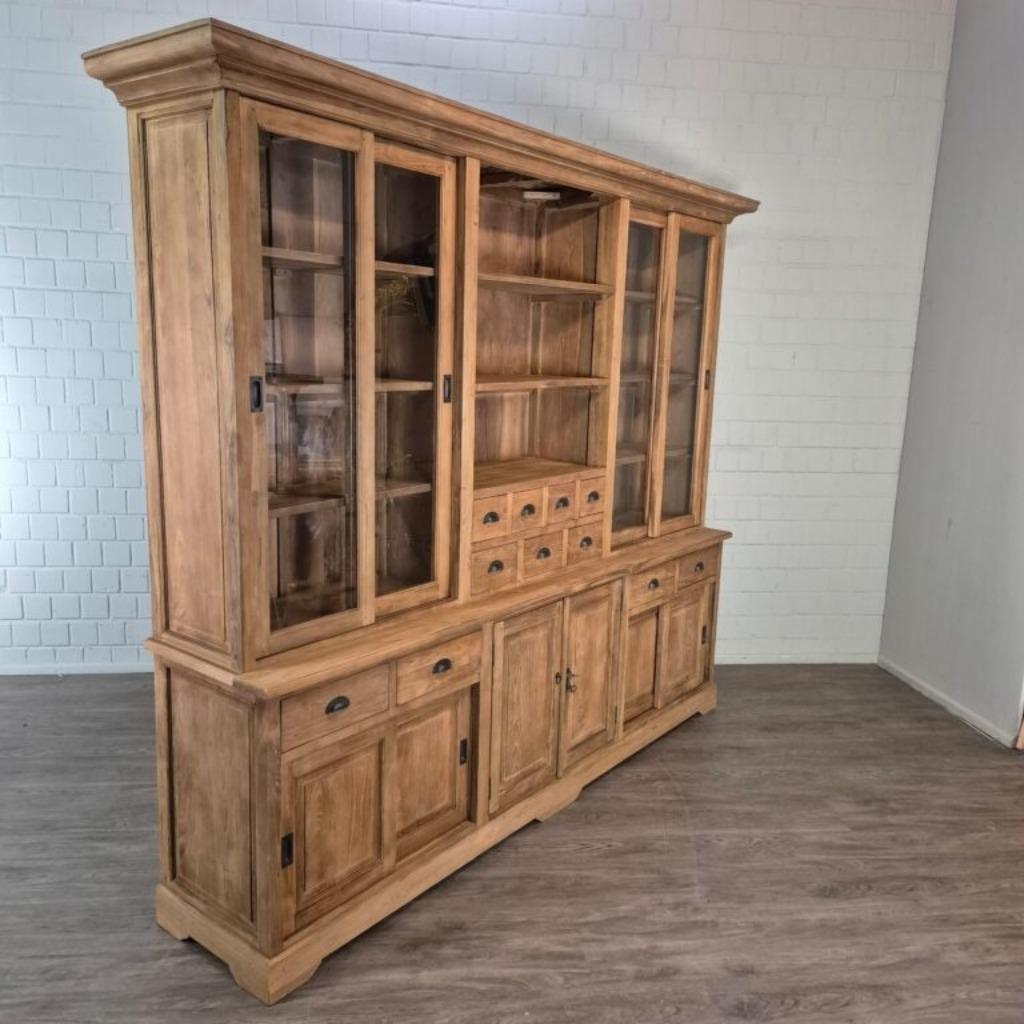 26166 Vitrine Boekenkast Teak 2,50 m, Ophalen, Met deur(en), 200 cm of meer, Teakhout