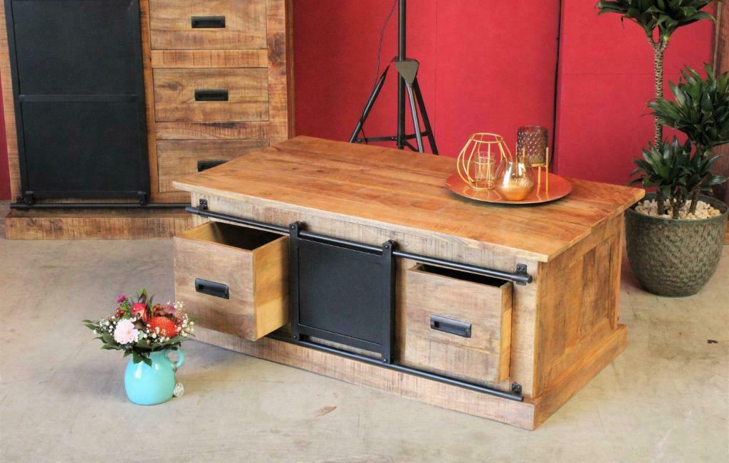 Mango Box Salontafel Emma met 2 lades, GRATIS BEZORGING!, Overige houtsoorten, 100 tot 150 cm, Zwart, Nieuw