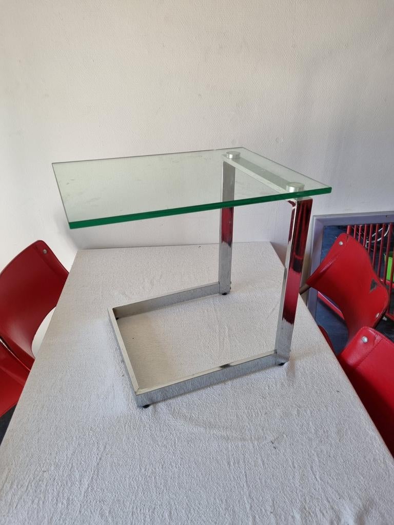 Vintage design bijzettafel glas met chroom, Ophalen, Zo goed als nieuw
