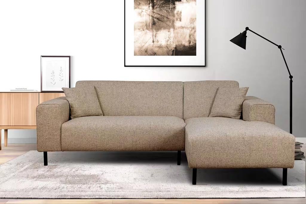 Nieuwe trendy hoekbank taupe weefstof loungebank bankstel, Keizer, Keizer, Hoekbank, Ophalen of Verzenden