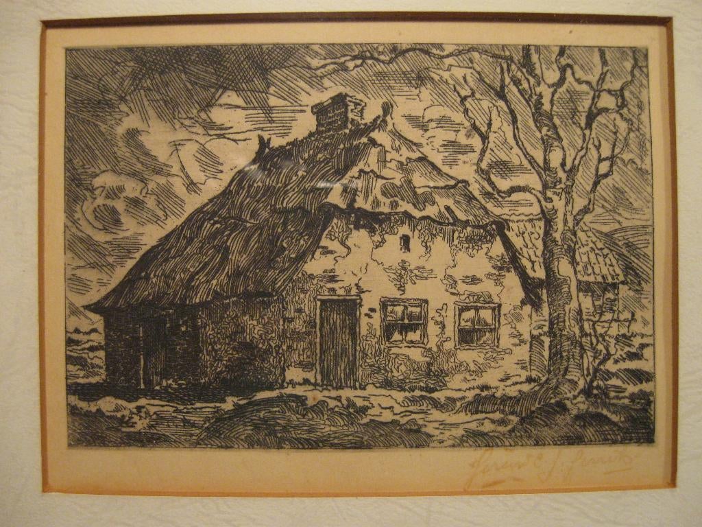 Mooie oude ets boerderijtje van Gerard C.J. Gerrits!, Antiek en Kunst, Kunst | Etsen en Gravures, Ophalen of Verzenden