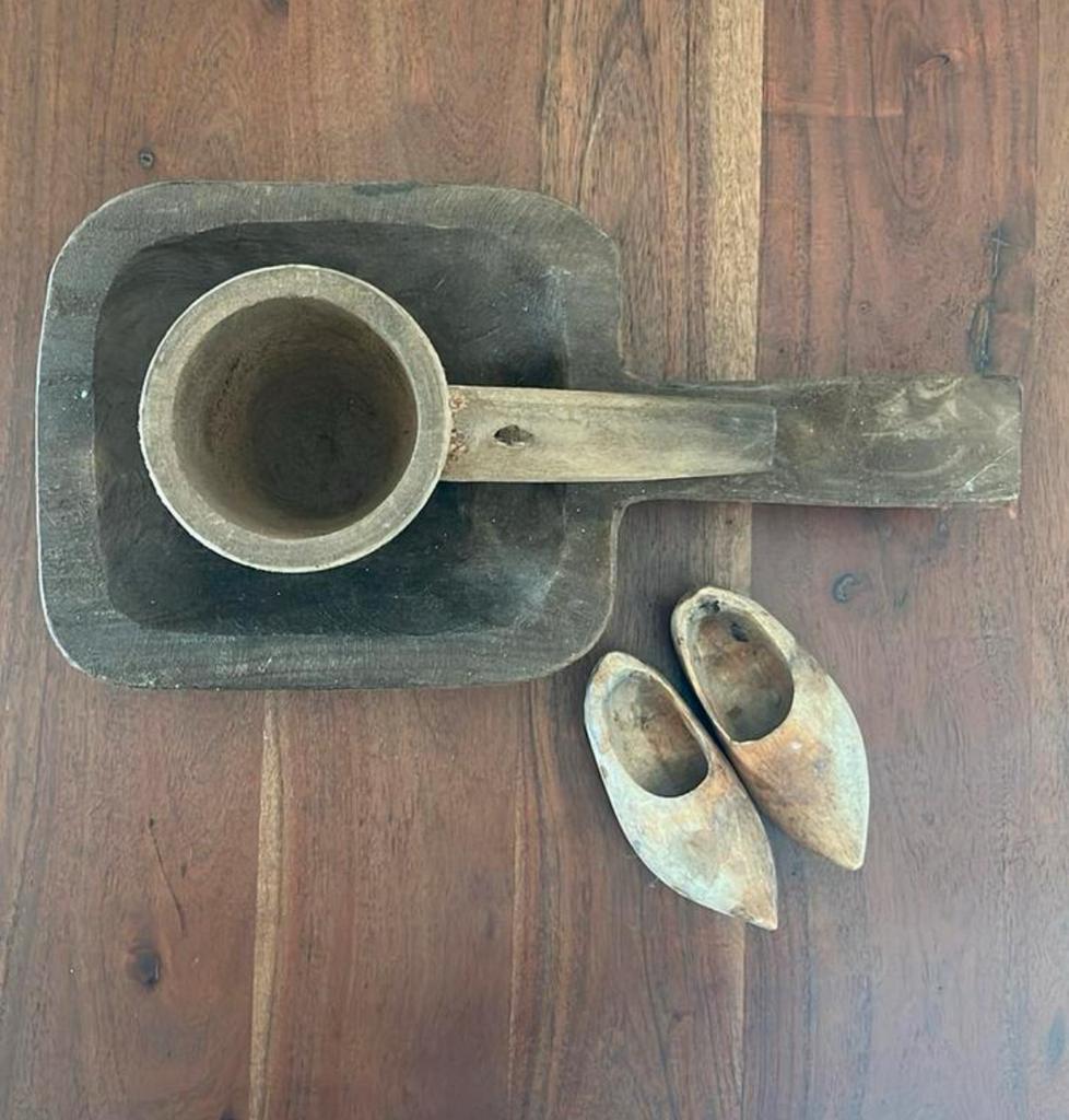 Vintage houten opgietlepel pollepel klompjes vijzel antiek, Ophalen of Verzenden