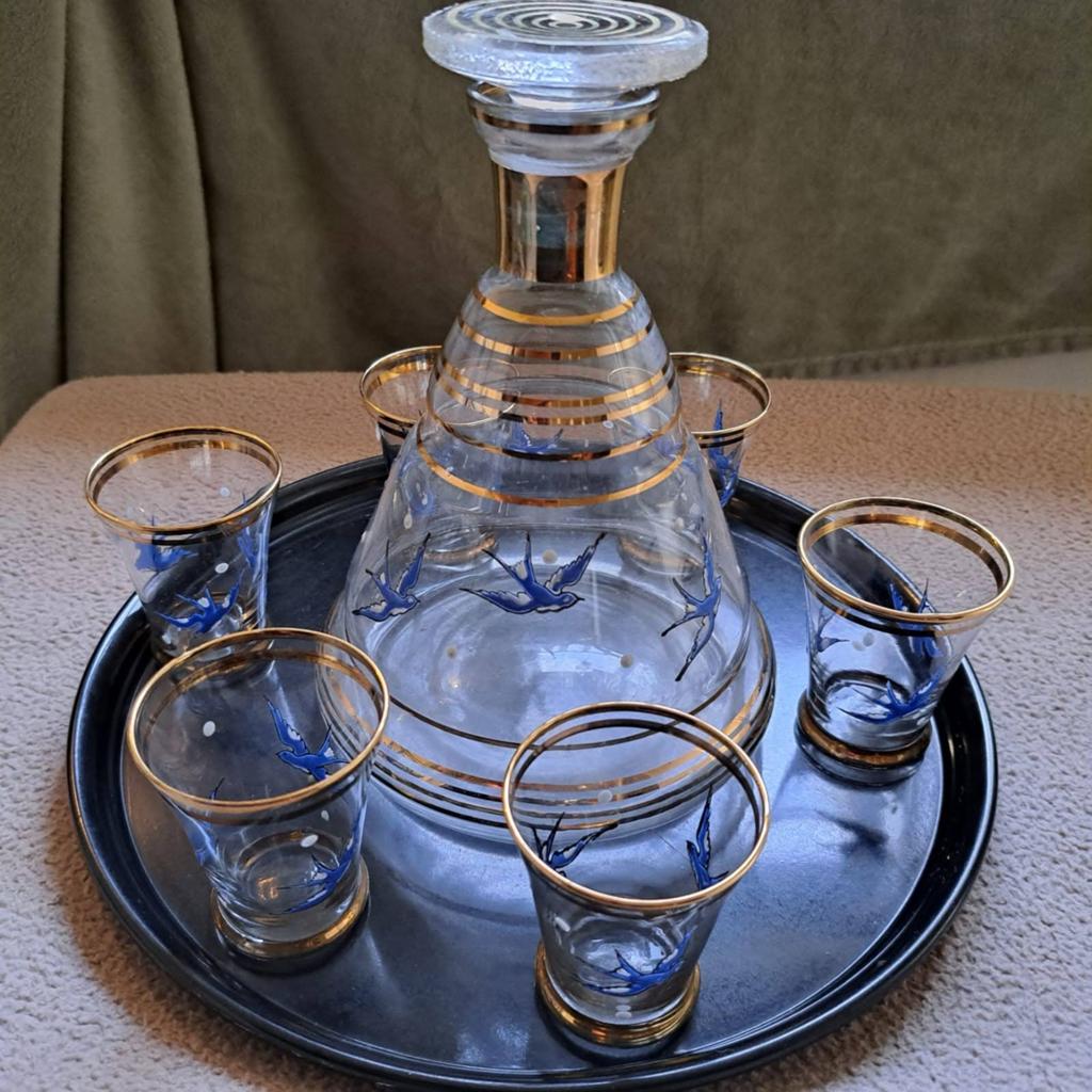 Vintage karafset met zwaluwen en gouden accenten, Ophalen