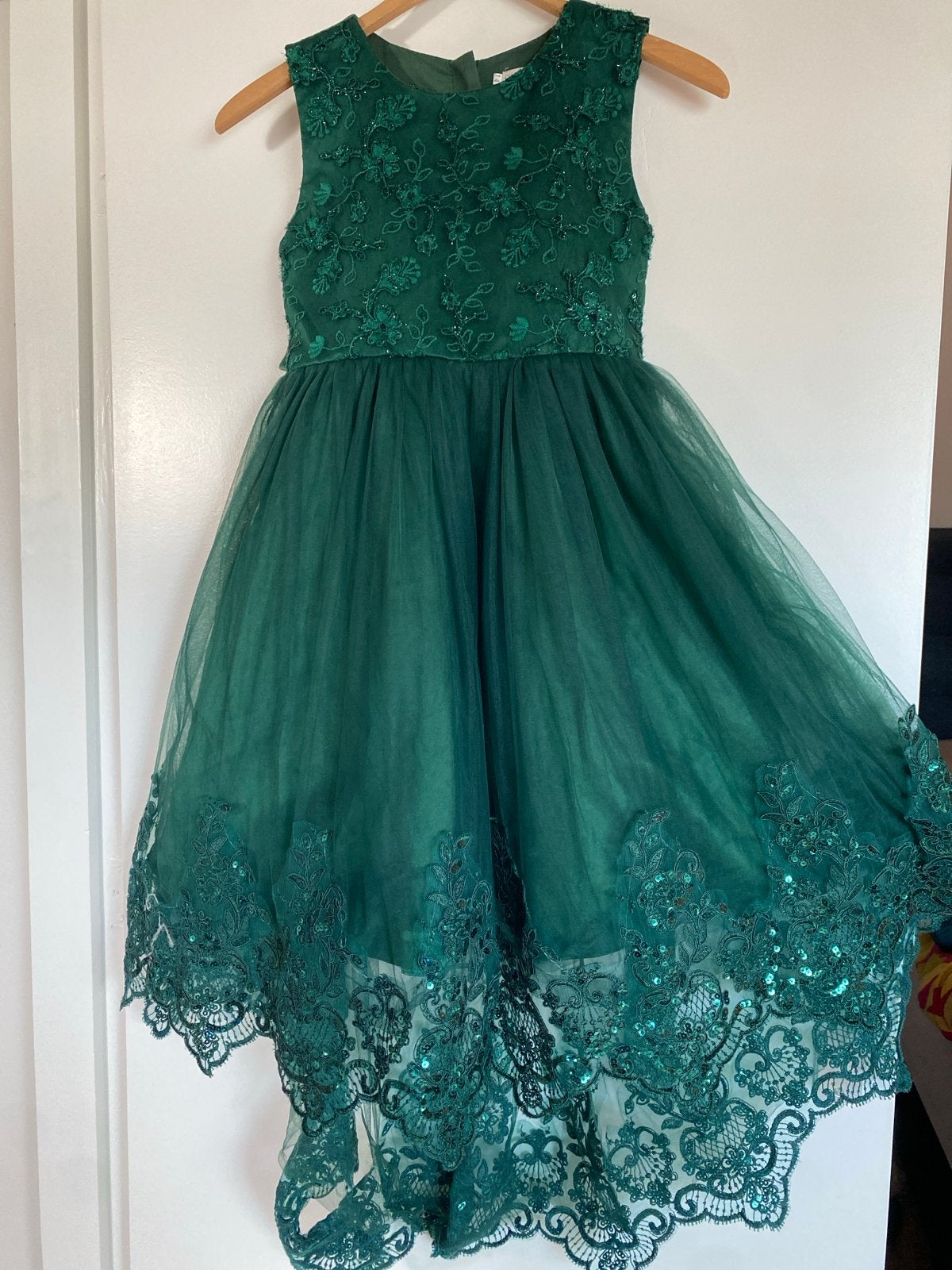 Prachtige Groene Jurk met Kant en Tule - Maat 14, Kinderen en Baby's, Ophalen of Verzenden, Zo goed als nieuw, Meisje, Jurk of Rok