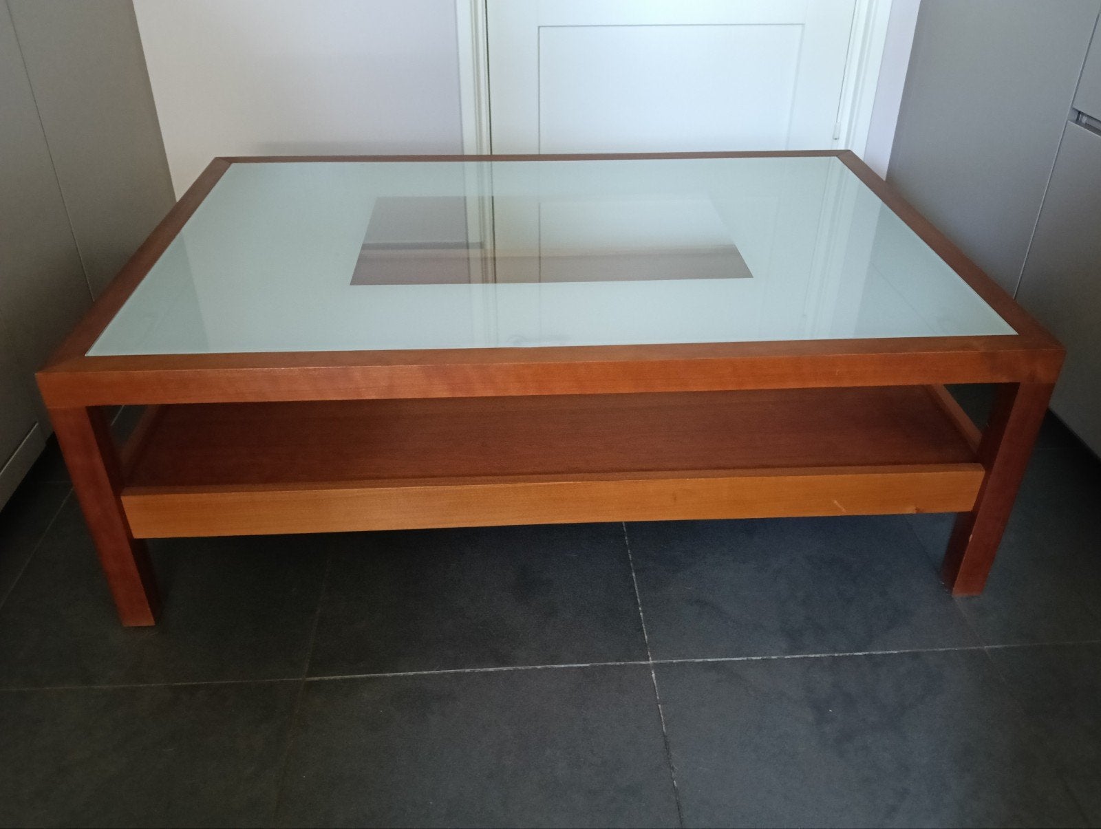 kersenhouten salontafel, Ophalen, Glas, Gebruikt, 100 tot 150 cm
