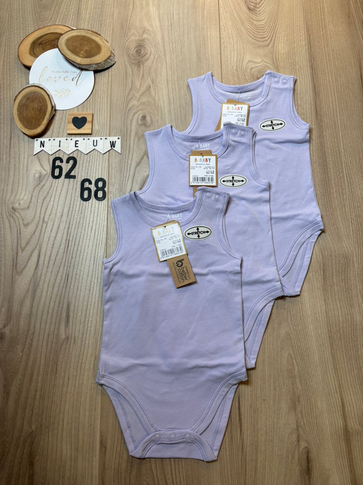 Baby meisje 3x wibra zonder mouwen romper lila maat 62/68, Ophalen of Verzenden, Nieuw, Meisje, Nacht- of Onderkleding