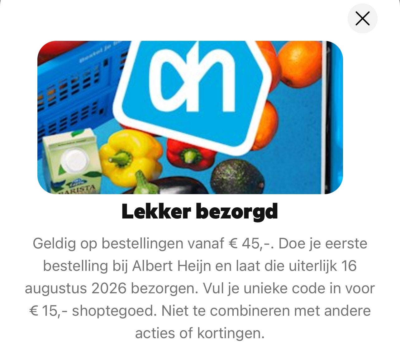 Albert hein kortingscode twv 15€, Tickets en Kaartjes, Kortingen en Cadeaubonnen, Eén persoon, Kortingsbon
