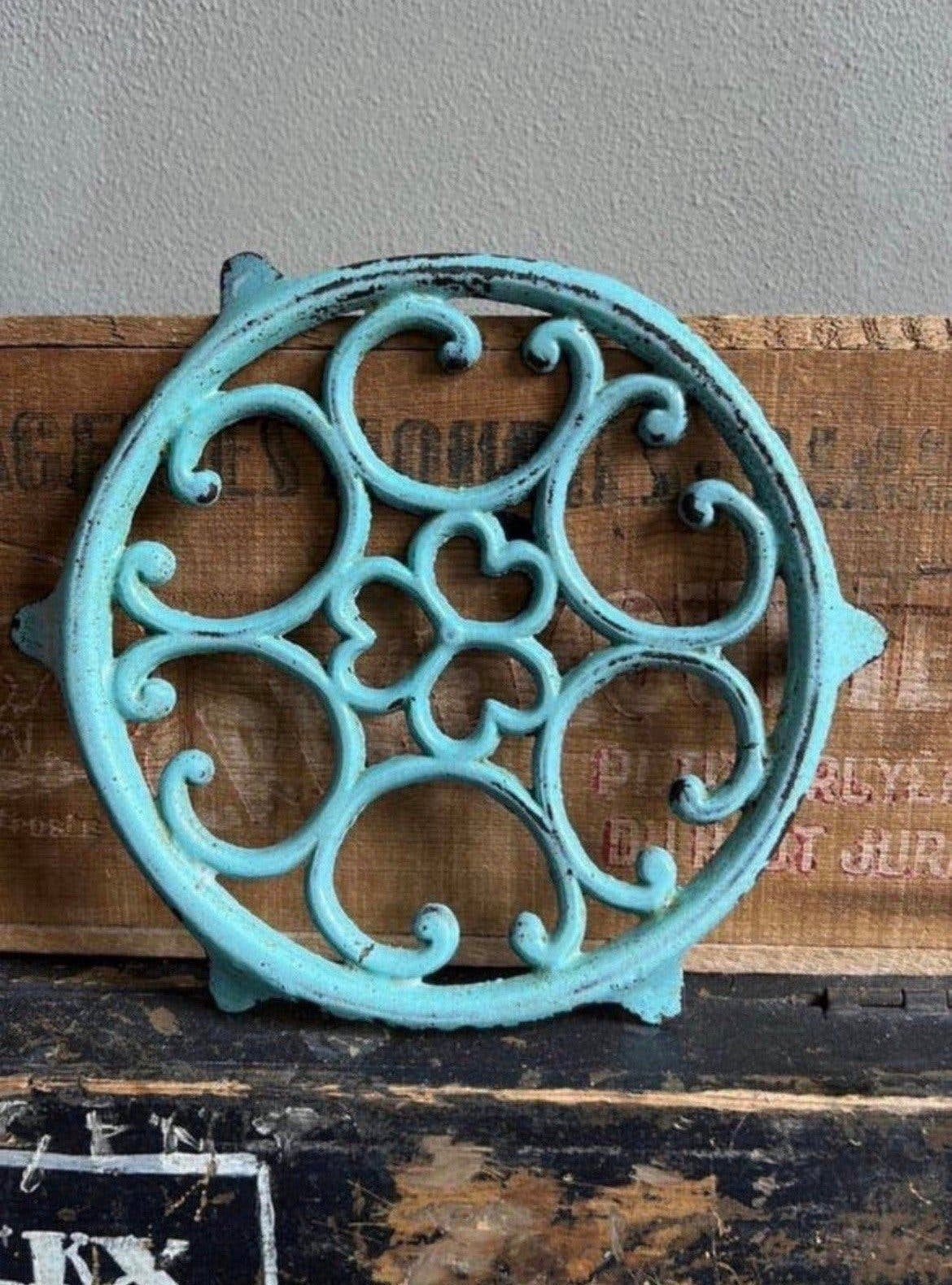 Franse metalen onderzetter met emaille turkoise, Ophalen of Verzenden