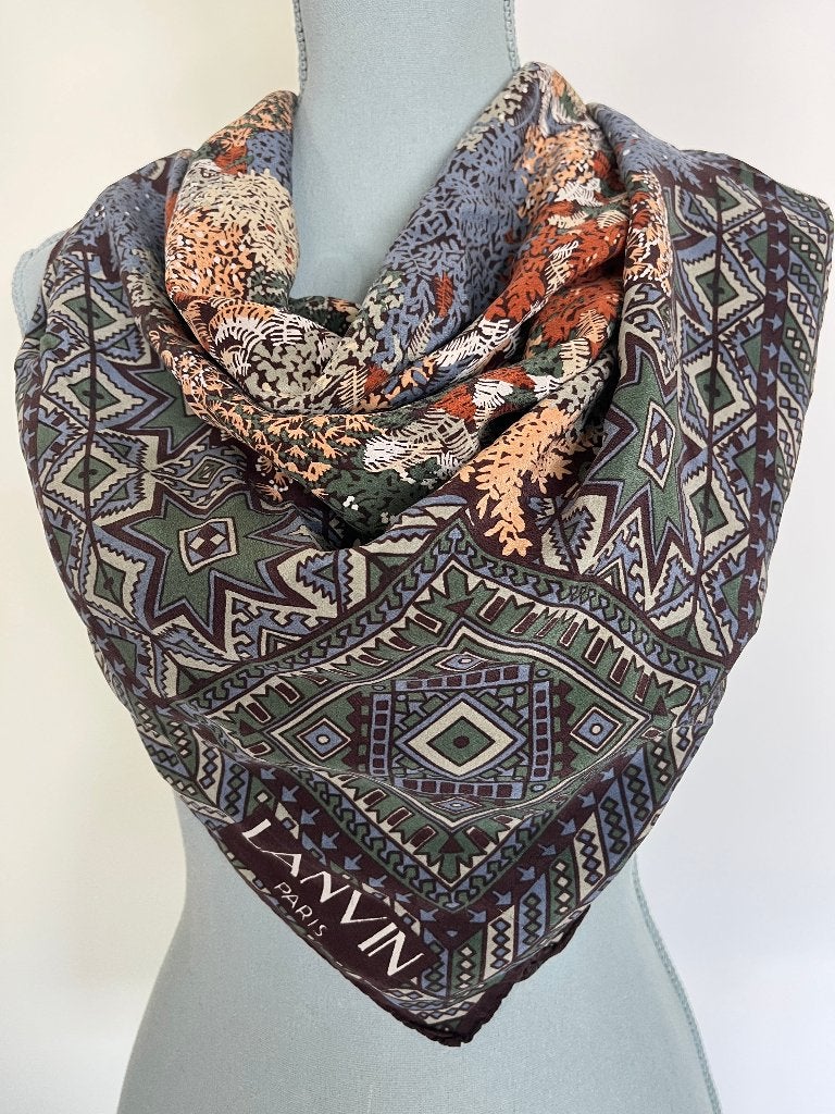 Zijde sjaal in bruin/groen/blauw tinten - Lanvin Paris, Maat 46/48 (XL) of groter, Ophalen of Verzenden, Lanvin Paris, Sjaal